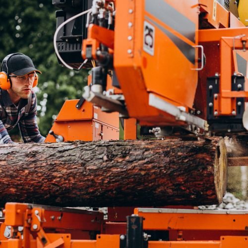 Carpenter working on a sawmill on a wood manufacture