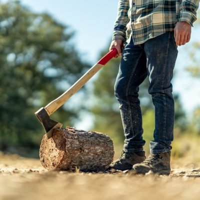 A closeup of a male cutting a tree trunk with an ax