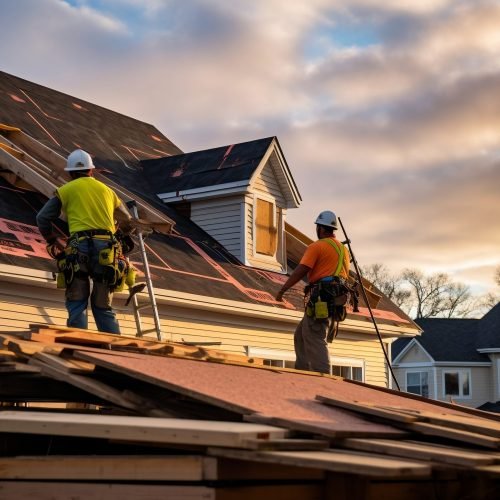 A construction team installing roofing materials