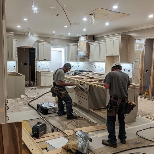 Construction Workers Installing New Cabinets and Appliances During a Full Kitchen Renovation