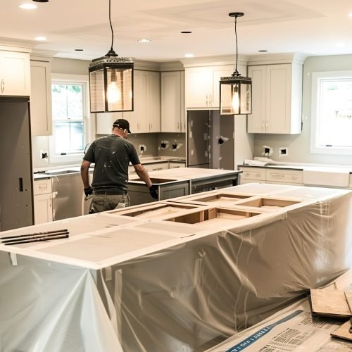 Home renovation: A contractor and his team renovating a kitchen, installing new countertops and appliances.