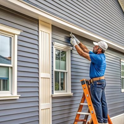 A man on a ladder is installing siding on a gray house. The house has white trim and windows, and a white trim runs around the roof.