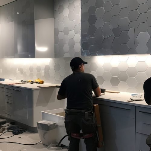 Modern kitchen setup, professional installation, sleek home enhancement, skilled labor, contemporary style, home improvement. Generated by AI.